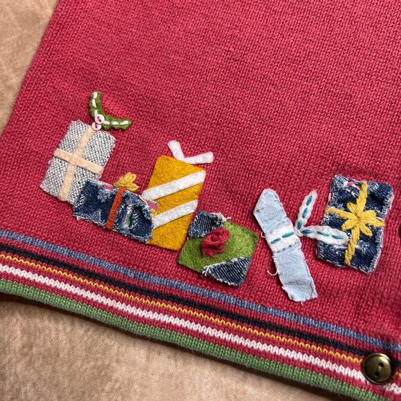 Vintage 90s Susan Bristol Patchwork Embroidered Present Sweater Cardigan Red - Picture 4 of 7